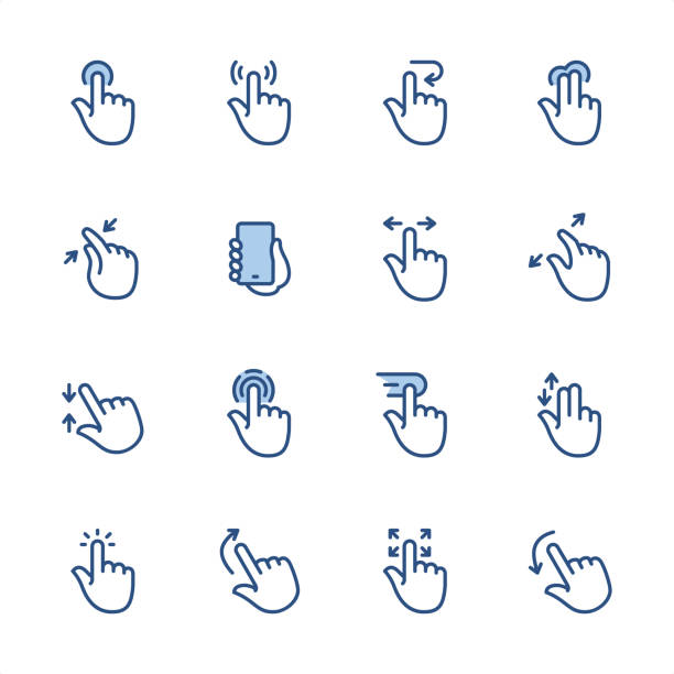 illustrazioni stock, clip art, cartoni animati e icone di tendenza di gesti touch screen - icone del contorno blu pixel perfect - click interface icons here sale