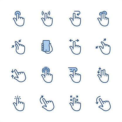 16 indigo and blue Touch Screen Gestures icons set #53
Pixel perfect icon 48x48 pх, outline stroke 2 px.

First row of  icons contains:
Push Button, Wireless Technology Gesture, Back Arrow Gesture, Double Touch Gesture;

Second row contains: 
Zoom in, Holding Mobile Phone, Sliding, Zoom Out;

Third row contains: 
Touching Up and Down, Tapping, Dragging, Double Finger Touching; 

Fourth row contains: 
Click, Up Dragging, Full Screen Gesture, Down Dragging.

Complete Indigico collection - https://www.istockphoto.com/collaboration/boards/t5bVQfKvf0a-h6WHcFLuIg