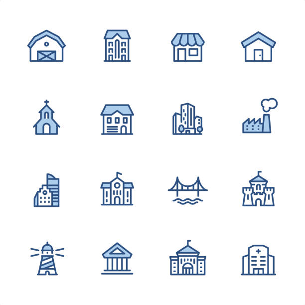 Agricultural Building - Pixel Perfect blue outline icons 16 indigo and blue Agricultural Building icon set #57
Pixel perfect icon 48x48 pх, outline stroke 2 px.

First row of  icons contains:
Barn, Residential Building, Store, House;

Second row contains: 
Church, Cottage, Skyscrapers, Factory;

Third row contains: 
Office Building, School Building, Bridge, Castle; 

Fourth row contains: 
Lighthouse, Public Building, University, Hospital.

Complete Indigico collection - https://www.istockphoto.com/collaboration/boards/t5bVQfKvf0a-h6WHcFLuIg penthouse icon stock illustrations