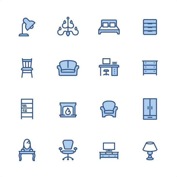 Furniture - Pixel Perfect blue outline icons 16 indigo and blue Furniture icon set #56
Pixel perfect icon 48x48 pх, outline stroke 2 px.

First row of  icons contains:
Desk Lamp, Chandelier, Double Bed, Filing Cabinet;

Second row contains: 
Chair, Sofa, Workplace, Drawer;

Third row contains: 
Bookcase, Fireplace, Armchair, Highboy; 

Fourth row contains: 
Dressing Table, Office Chair, TV Sideboard, Electric Lamp.

Complete Indigico collection - https://www.istockphoto.com/collaboration/boards/t5bVQfKvf0a-h6WHcFLuIg head board bed blue stock illustrations