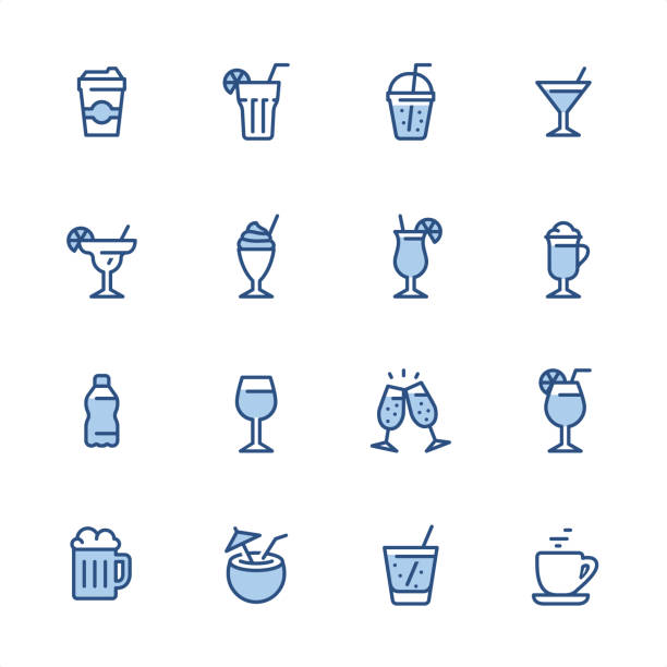illustrazioni stock, clip art, cartoni animati e icone di tendenza di drink and alcohol - pixel icone del contorno blu perfette - aperitivo