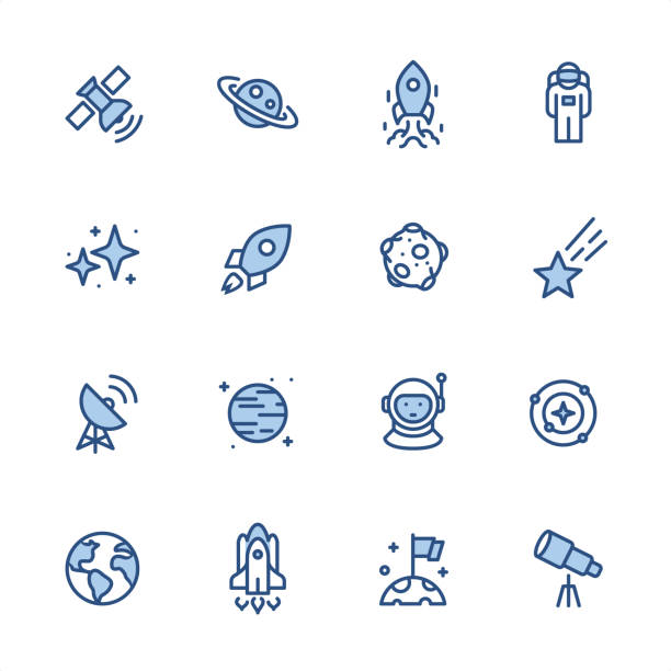 Outer Space - Pixel Perfect blue outline icons 16 indigo and blue Outer Space icons set #59
Pixel perfect icon 48x48 pх, outline stroke 2 px.

First row of  icons contains:
Satellite, Saturn, Ship Launch, Astronaut;

Second row contains: 
Star Shape, Rocket, Moon, Meteor;

Third row contains: 
Satellite Dish, Planet, Cosmonaut, Solar System; 

Fourth row contains: 
Planet Earth, Space Shuttle, Determination, Telescope.

Complete Indigico collection - https://www.istockphoto.com/collaboration/boards/t5bVQfKvf0a-h6WHcFLuIg astronaut icons stock illustrations