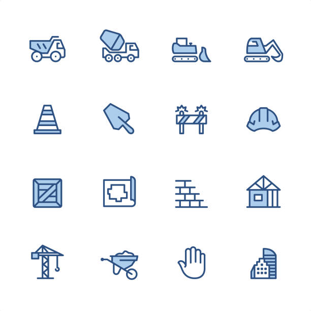 Construction - Pixel Perfect blue outline icons 16 indigo and blue Construction icons set #55
Pixel perfect icon 48x48 pх, outline stroke 2 px.
First row of icons contains:
Dump Truck, Cement Truck, Bulldozer, Earth Mover;
Second row contains:
Traffic Cone, Trowel, Construction Barrier, Helmet;
Third row contains:
Crate, Plan, Brick Wall, Construction Frame;
Fourth row contains:
Crane, Wheelbarrow, Stop Gesture, Skyscraper.
Complete Indigico collection - https://www.istockphoto.com/collaboration/boards/t5bVQfKvf0a-h6WHcFLuIg indigo truck stock illustrations