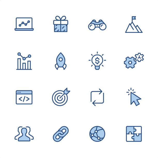 ilustrações de stock, clip art, desenhos animados e ícones de internet marketing - pixel perfect blue outline icons - cursor arrowhead hyperlink symbol