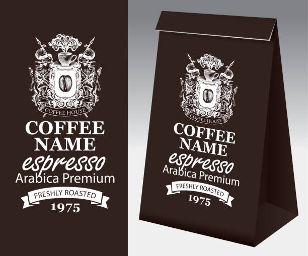 illustrazioni stock, clip art, cartoni animati e icone di tendenza di confezione di carta per chicchi di caffè con stemma - black coffee drink chocolate coffee