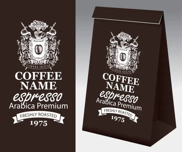 Vector illustration of paper package for coffee beans with coat of arms