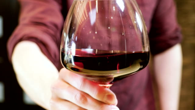 Bartender at work. Male hand shaking a wine glass with red wine in it. 4K