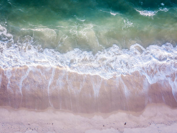istock Drone picture of waves hitting the beach. 1189759183