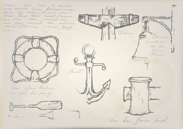 handmade sketches with a pencil on old paper with yellow spots. lifebuoy, oar, anchor, ship's bell. unreadable inscriptions in an incomprehensible language