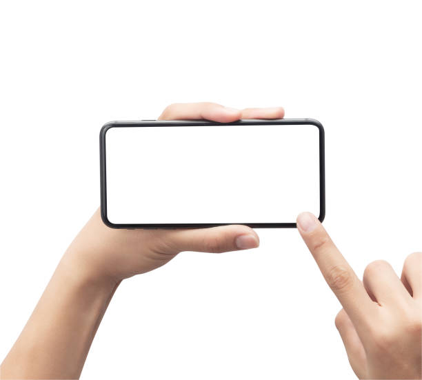 istock Male hand holding the black smartphone and touching on blank screen isolated on white background with clipping path 1189760326