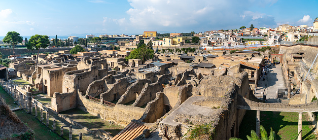 Ruins of Herculaneum, which was covered by volcanic dust after Vesuvius eruption. Italy. History.