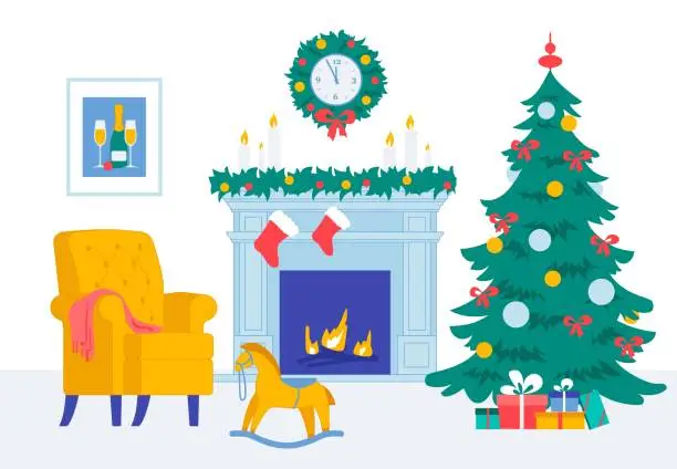 Vector illustration of Cozy Living Room New Year Christmas Eve Interior