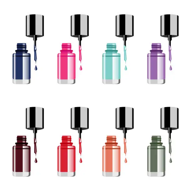 Vector illustration of Nail polish colour set on white background with colorful drops realistic vector illustration