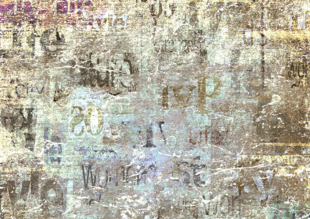 Old grunge newspaper paper textured horizontal background. Vintage newspapers texture. Newsprint typed sheet. Unreadable aged page. Colorful news collage. Rough urban style. Mixed media art.