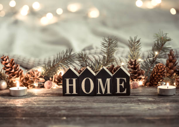 istock Festive background with lights with the inscription home 1189768021