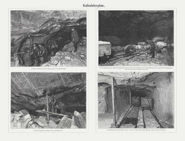 добыча калийной соли, гравюры на дереве, опубликованные в 1898 году - k past stock illustrations