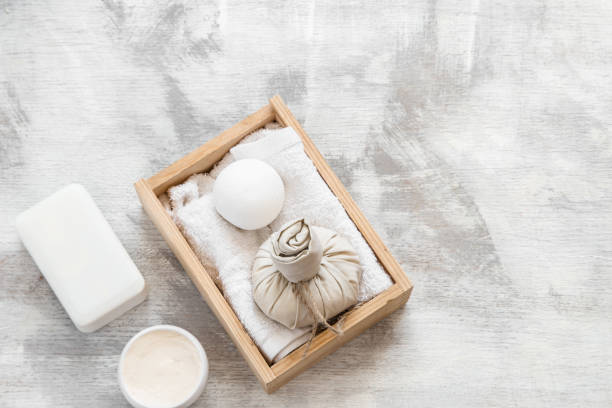 istock Spa skin care items in wooden box . 1189769225
