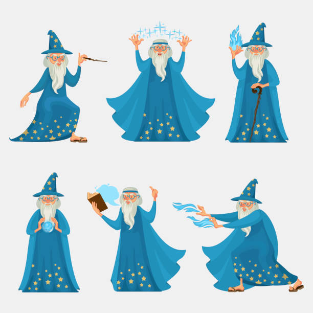 Cartoon Characters People Wizard Icon Set. Vector Cartoon Characters People Wizard Icon Set with Wand, Hat and Book Trick Concept Flat Design Style. Vector illustration warnock stock illustrations