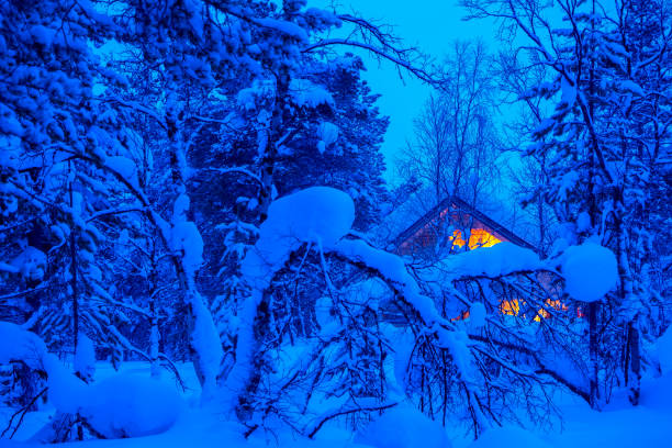 istock Evening in a Snowy Forest and a Lighted Cottage 1189769996