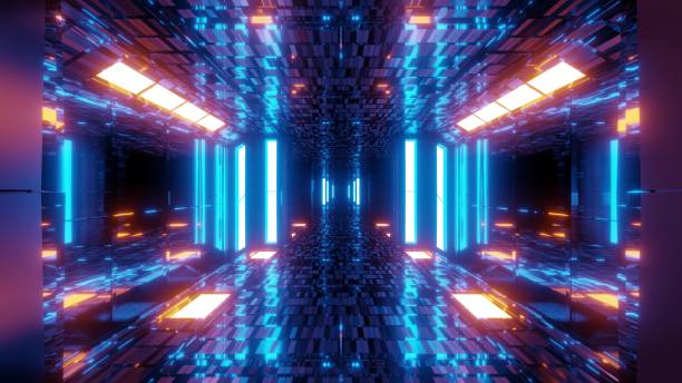 istock stylish scifi tunnel corridor with reflective bricks texture and glowing lights 3d illustration background wallpaper 1189771887