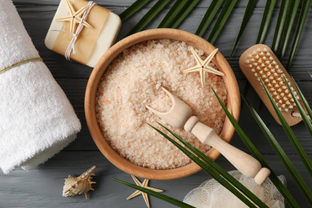 istock Composition with spa accessories on grey wooden background, top view 1189772639