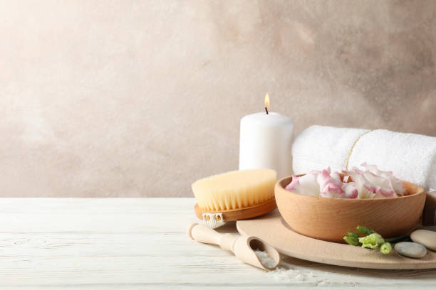 istock Spa accessories on white wooden background, space for text 1189773644