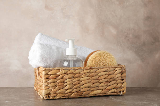 istock Basket with body care accessories on grey background, space for text 1189773684