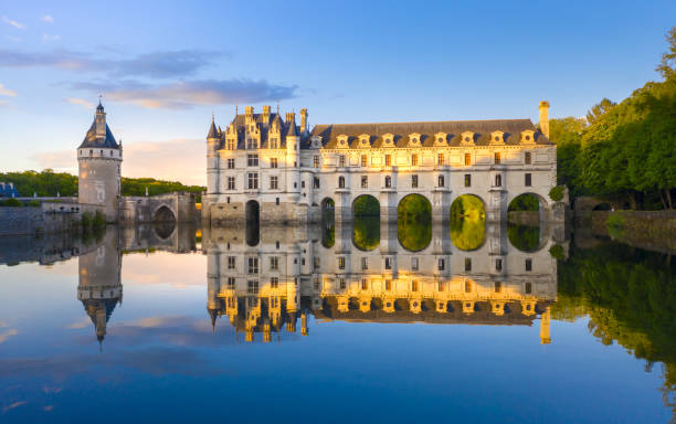 Chateau de Chenonceau is a french castle spanning the River Cher near Chenonceaux village, Loire valley in France stock photo