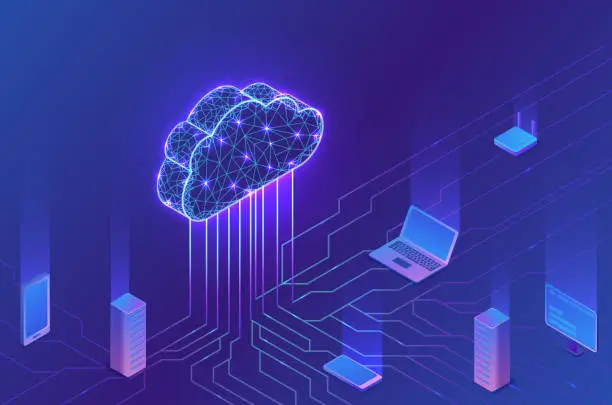 Vector illustration of Cloud computing concept, server, smartphone, modem, tablet connected in neural network, isometric vector technolodgy background, modern blue design