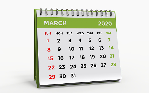 Desk calendar with a ring binder, MARCH 2020, 3d render