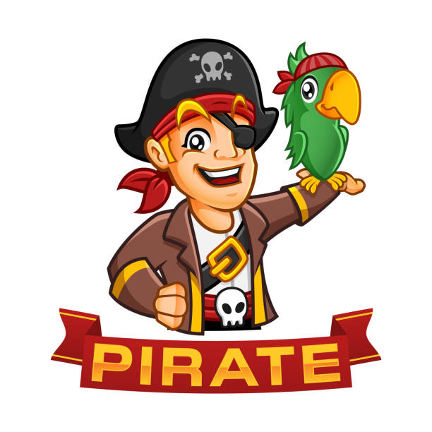 illustrations, cliparts, dessins animés et icônes de caractère de garçon de pirate ou dessin animé de mascotte avec un perroquet à son bras, illustration de vecteur d'amusement - sailor people personal accessory hat