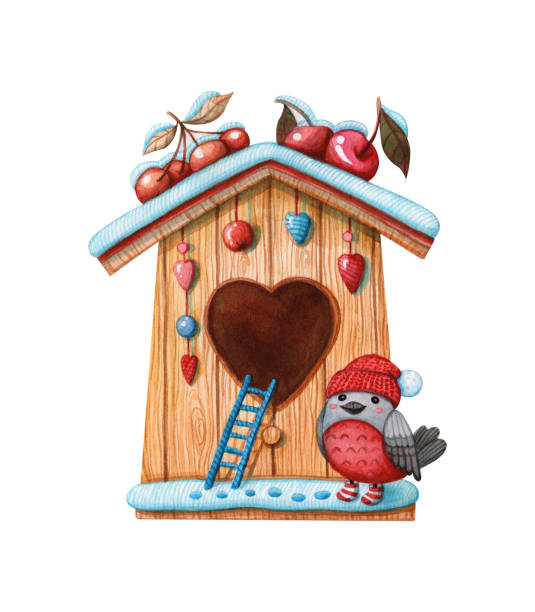 illustrations, cliparts, dessins animés et icônes de birdhouse en bois avec l'oiseau de bullfinch sur noel - birdhouse wood isolated white background