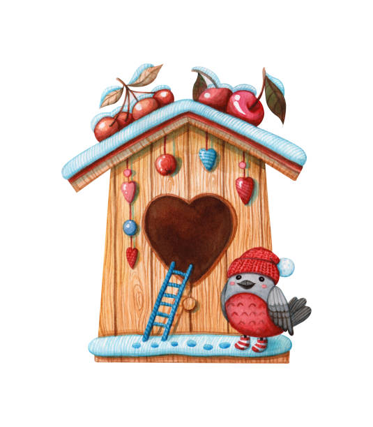 stockillustraties, clipart, cartoons en iconen met houten birdhouse met goudvink vogel op kerstmis - xmas tree