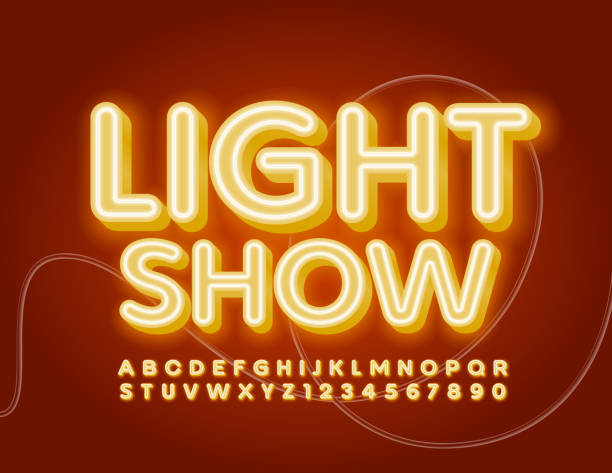wektor jasny sztandar light show. neonowe litery i cyfry alfabetu - laser show illustrations stock illustrations