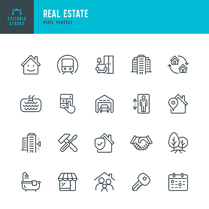 Real Estate - thin linear vector icon set. 20 linear icon. Editable stroke. Pixel perfect. The set contains icons: Home, Agreement, Sale, Rent, Real Estate Agent, Home Insurance, Location, Truck, Investment, Interest Rate.