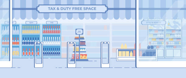 беспошлинный магазин витрина в аэропорту плоский вектор - duty free stock illustrations