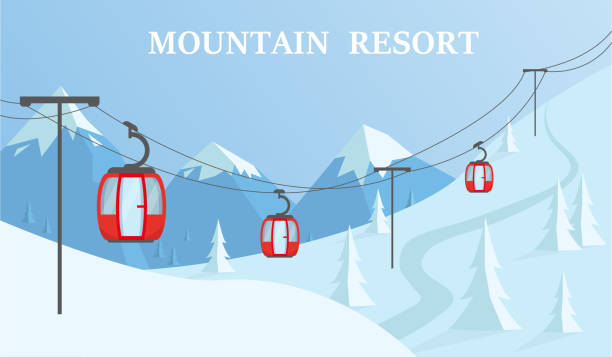 Mountain winter landscape. Mountain winter landscape. Winter resort concept vector illustration. overhead cable car stock illustrations