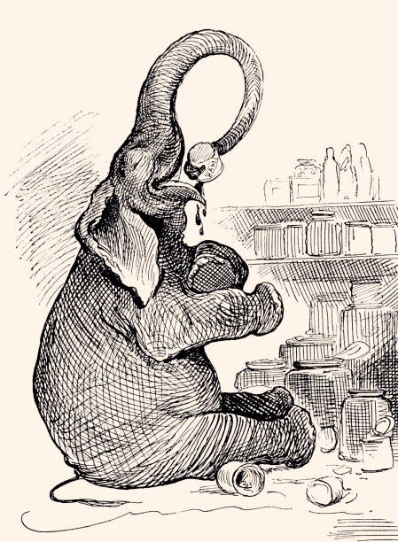 CUTE BABY ELEPHANT DISCOVERS A JAR OF JAM.Vintage etching circa late 19th century.
