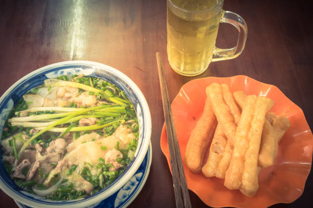 Vietnamese breakfast set with Rice Noodle, Youtiao and Iced Tea
