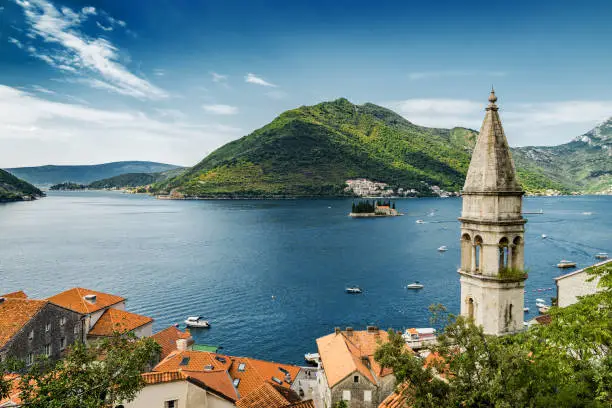 Sunny view of town Perast in the Kotor Bay, Montenegro.