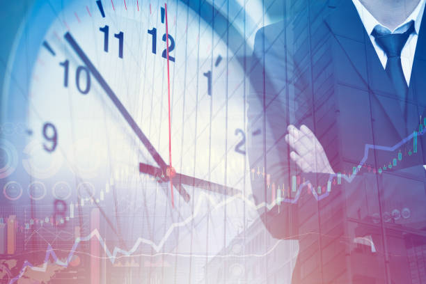istock Business times high efficiency management and working hours concept. Clock face overlay with businessman. 1189781698