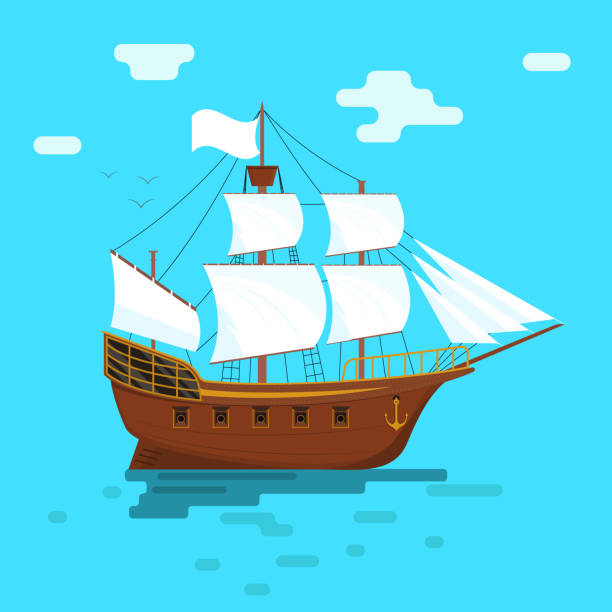 cartoon segelboot oder schiff mit weißen segeln. vektor - cruise ship interface icons vector symbol stock-grafiken, -clipart, -cartoons und -symbole
