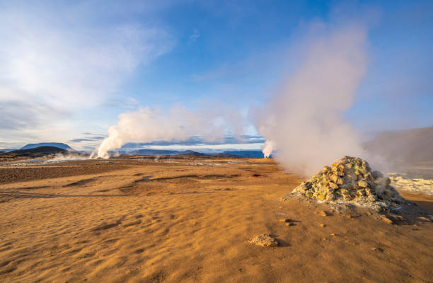 geothermal area of Hverir,Iceland steaming mud holes and solfataras in the geothermal area of Hverir near lake Myvatn, northern Iceland sulphur landscape fumarole heat stock pictures, royalty-free photos & images