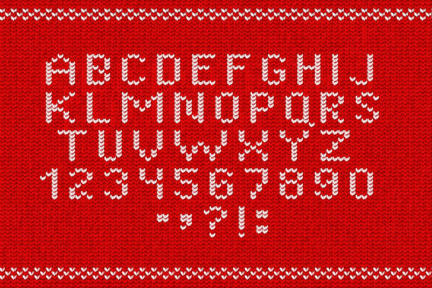 ilustrações de stock, clip art, desenhos animados e ícones de vector realistic isolated knitted alphabet font for template decoration and invitation covering on the red sweater background. concept of merry christmas, ugly sweater party and happy new year. - embroidery seam shirt sewing