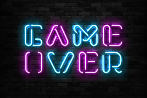 Vector illustration of Vector realistic isolated neon sign of Game Over typography logo for template decoration and covering on the wall background. Concept of gaming.