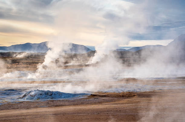 geothermal area of Hverir,Iceland steaming mud holes and solfataras in the geothermal area of Hverir near lake Myvatn, northern Iceland sulphur landscape fumarole heat stock pictures, royalty-free photos & images