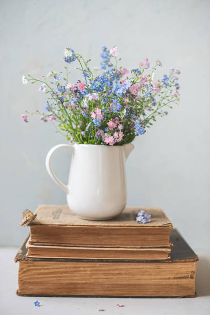 istock Pink and blue forget-me-not flowers in a white ceramic milk jug 1189784007