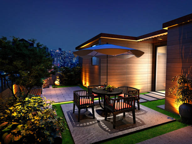 3d render house balcón terraza por la noche - bancal fotografías e imágenes de stock