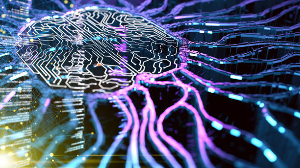 Digital background depicting innovative technologies in (AI) artificial systems, neural interfaces and internet machine learning technologies