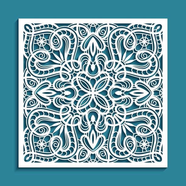 Square tile with lace pattern Square tile with cutout paper swirls, floral lace texture, curly stencil pattern, elegant template for laser cutting lace doily crochet craft product stock illustrations